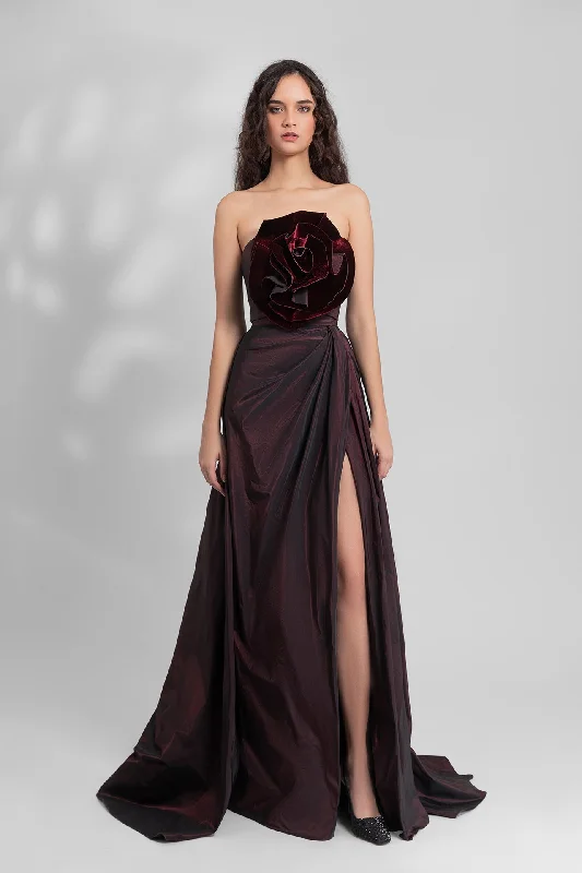 Draped floral top with taffeta skirt asymmetrical skirt cut