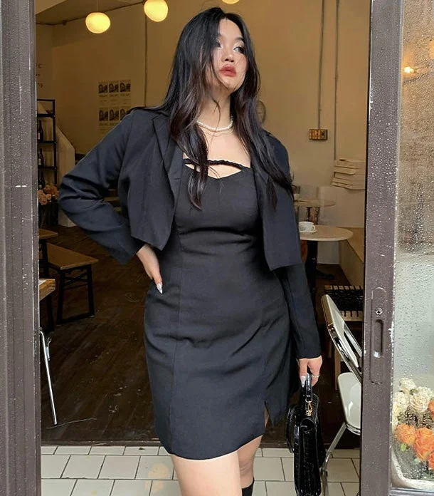 Kim Solid Color Black Spaghetti Straps Mini Dress Cropped Blazer Jacket Two Piece Matching Set Knit Fabric Woven Fabric Fleece Fabric Kim Solid Color Black Spaghetti Straps Mini Dress Cropped Blazer Jacket Two Piece Matching Set Knit Fabric Woven Fabric Fleece Fabric