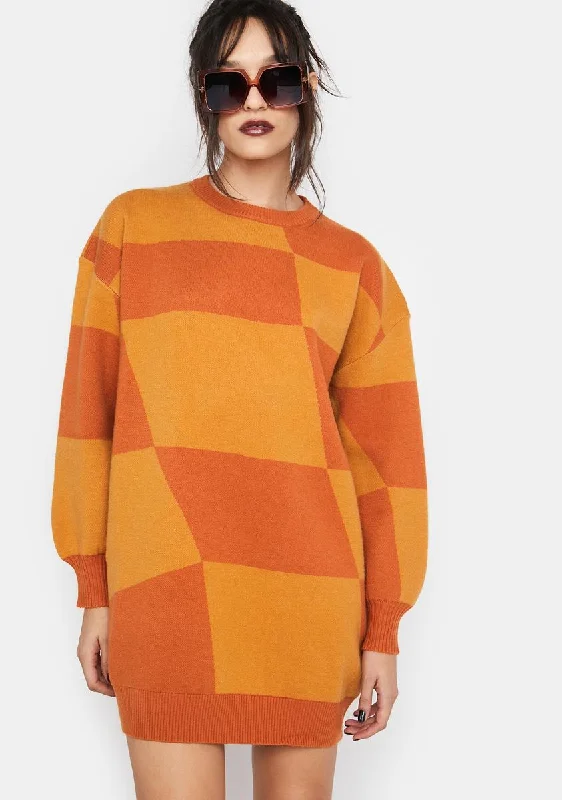 Rust Pursuing You Checkered Sweater Dress Oversized Loose Flowy