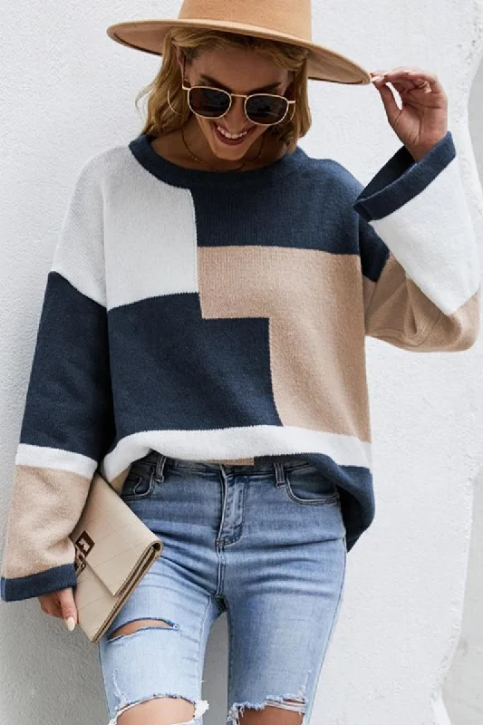 WOMEN ROUND NECK LONG SLEEVE KNIT SWEATER Stylish Fashionable Trendy
