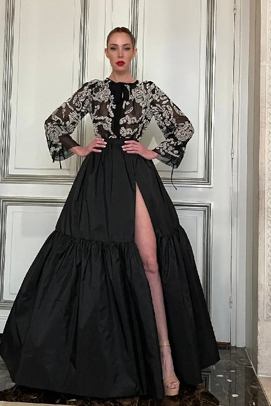 Embroidered top with taffeta skirt velvet skirt luxurious