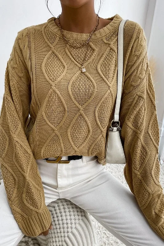 TWIST CABLE KNIT RIBBED NECK DAILY SWEATER Wool Fabric Cashmere Fabric Tweed Fabric