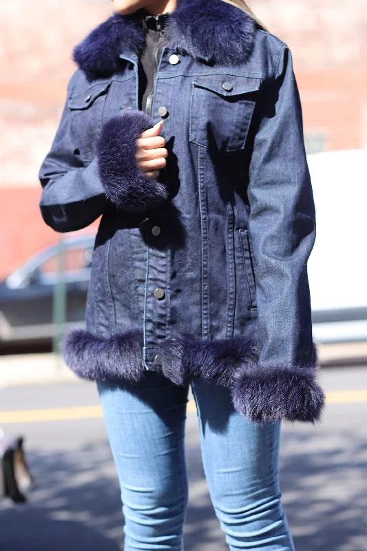 Blue Denim Jacket w/ Fox Fur Trim - Blue/Natural Corduroy Jacket Velvet Jacket Brocade Jacket Blue Denim Jacket w/ Fox Fur Trim - Blue/Natural Corduroy Jacket Velvet Jacket Brocade Jacket