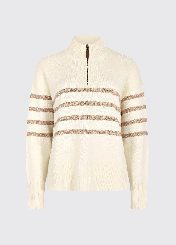 Fonthill Women’s zip neck sweater- oyster Ribbed Striped Patterned