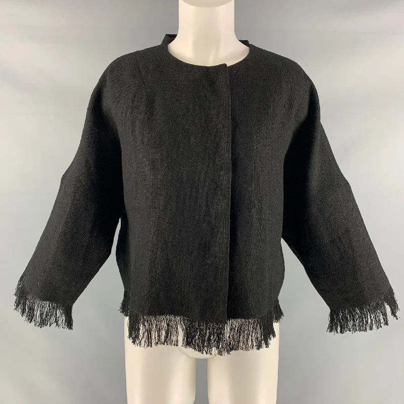 ANDREW GN Size 4 Black Linen Fringe Hidden Snaps Jacket Cardigan Sweater Pullover