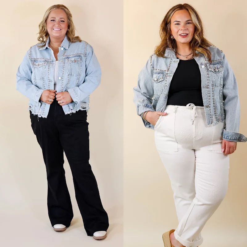 Instantly Impressed Cropped Denim Jacket with Silver Studs in Light Wash Oversized Jacket Tailored Jacket Straight Jacket Instantly Impressed Cropped Denim Jacket with Silver Studs in Light Wash Oversized Jacket Tailored Jacket Straight Jacket