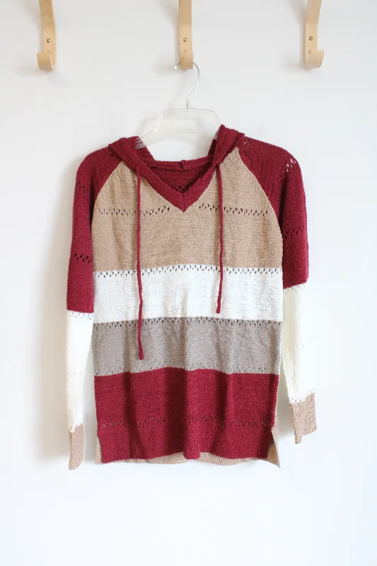 Red Tan & White Striped Hooded Sweater | S Cable Knit Ribbed Knit Lace Knit
