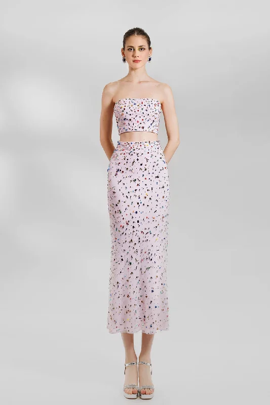 Fully beaded top with skirt midi skirt versatile