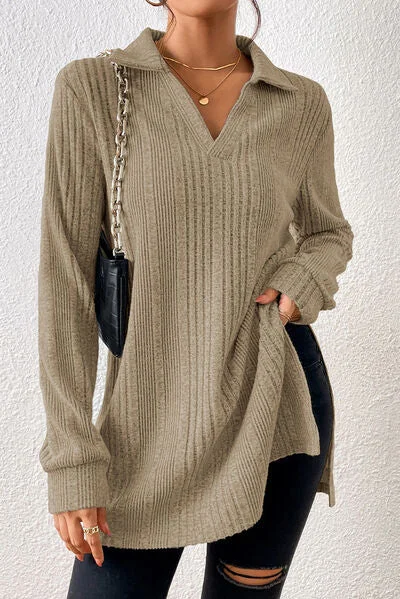 Blue Zone Planet |  Slit Johnny Collar Long Sleeve Sweater Fitted Slim Tailored