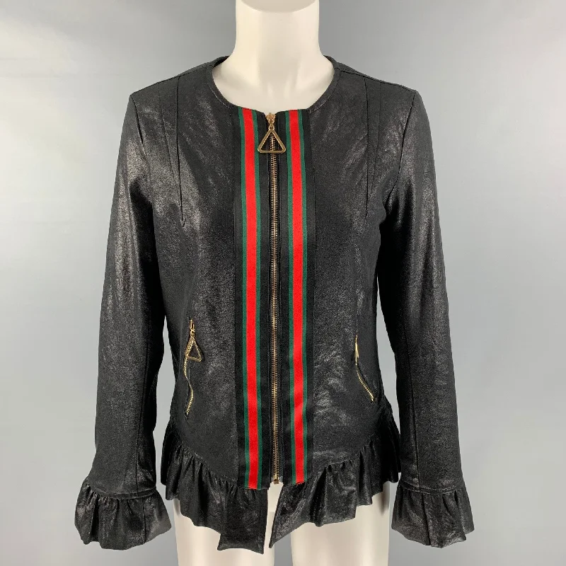 JEFF GALLAMO Size M Black Polyester & Elastane Jacket Striped Jacket Polka Dot Jacket Floral Jacket JEFF GALLAMO Size M Black Polyester & Elastane Jacket Striped Jacket Polka Dot Jacket Floral Jacket
