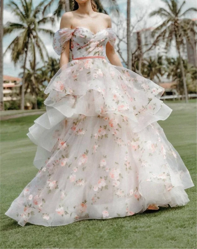 Rosabel Layered Skirt Floral Print Wedding Gown In Blush leather skirt modern