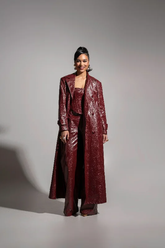ONO Faux Leather Trench jacket in Burgundy Welt Pockets Slit Pockets Flap Pockets