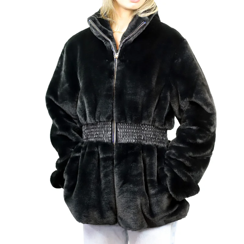Plush Faux Fur Cinched Waist Jacket - Black Faux Fur Jacket Real Fur Jacket Shearling Jacket Plush Faux Fur Cinched Waist Jacket - Black Faux Fur Jacket Real Fur Jacket Shearling Jacket