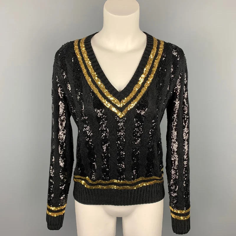RALPH LAUREN Collection Size M Black & Gold Sequined Striped Silk Sweater Long Sweater Short Sweater Cropped Sweater RALPH LAUREN Collection Size M Black & Gold Sequined Striped Silk Sweater Long Sweater Short Sweater Cropped Sweater