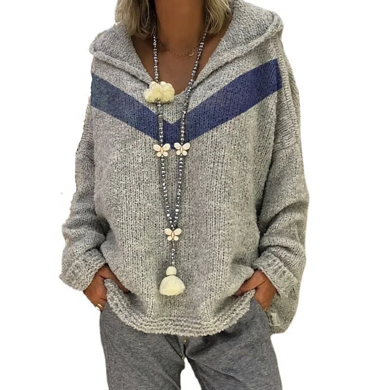 2022 Fashion Hooded Knit Sweater Top Blue V-Neck Plus Size Women's Clothing Terry Terry Cloth Terry Knit 2022 Fashion Hooded Knit Sweater Top Blue V-Neck Plus Size Women's Clothing Terry Terry Cloth Terry Knit