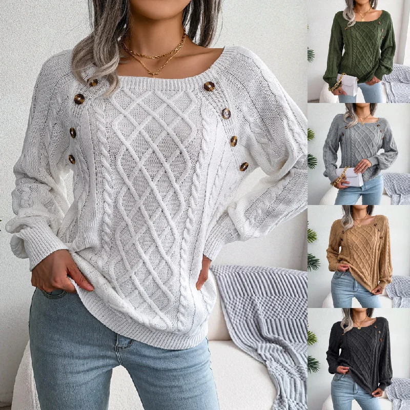 Square Neck Button Fried Dough Twist Knitting Sweater Soft Cozy Warm