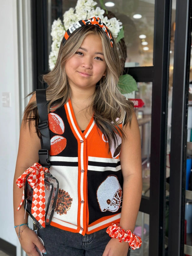 BLACK & ORANGE COLORBLOCK FOOTBALL ICON BUTTON UP SWEATER VEST Elasticated Padded Insulated BLACK & ORANGE COLORBLOCK FOOTBALL ICON BUTTON UP SWEATER VEST Elasticated Padded Insulated