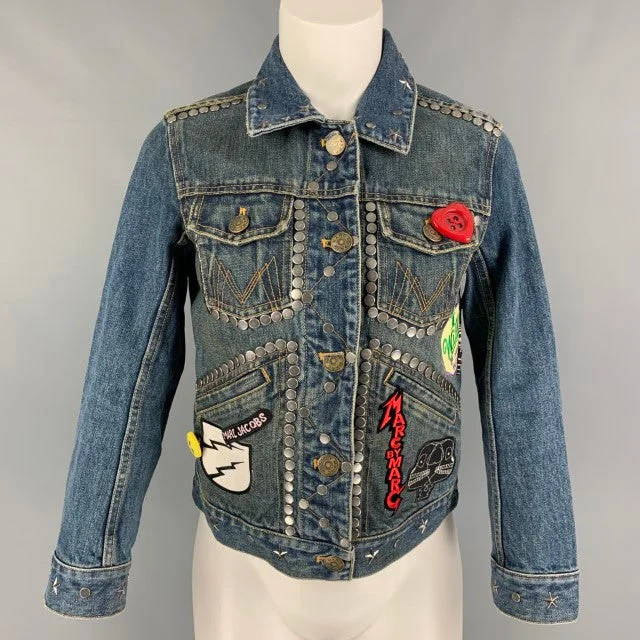 MARC JACOBS Size XS Indigo Denim Studded Smashing Starlets Cropped Jacket A-Line Jacket Boat Neck Shawl Collar MARC JACOBS Size XS Indigo Denim Studded Smashing Starlets Cropped Jacket A-Line Jacket Boat Neck Shawl Collar