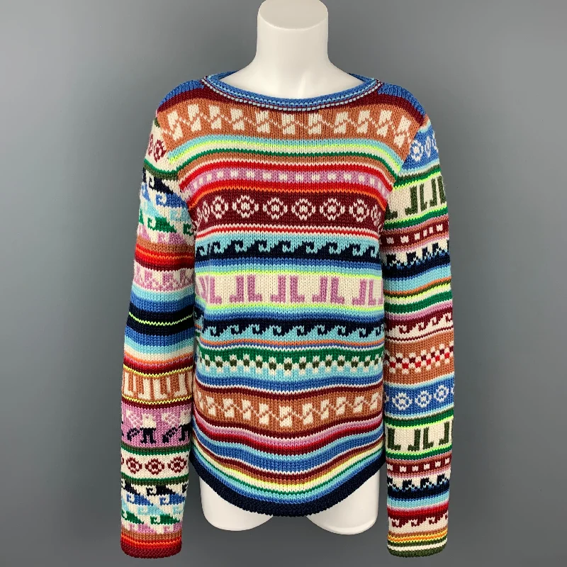 LANVIN Size L Multi-Color Jacquard Pattern JL Wool / Polyester Boat Neck Sweater Transparent Opaque Sheer LANVIN Size L Multi-Color Jacquard Pattern JL Wool / Polyester Boat Neck Sweater Transparent Opaque Sheer