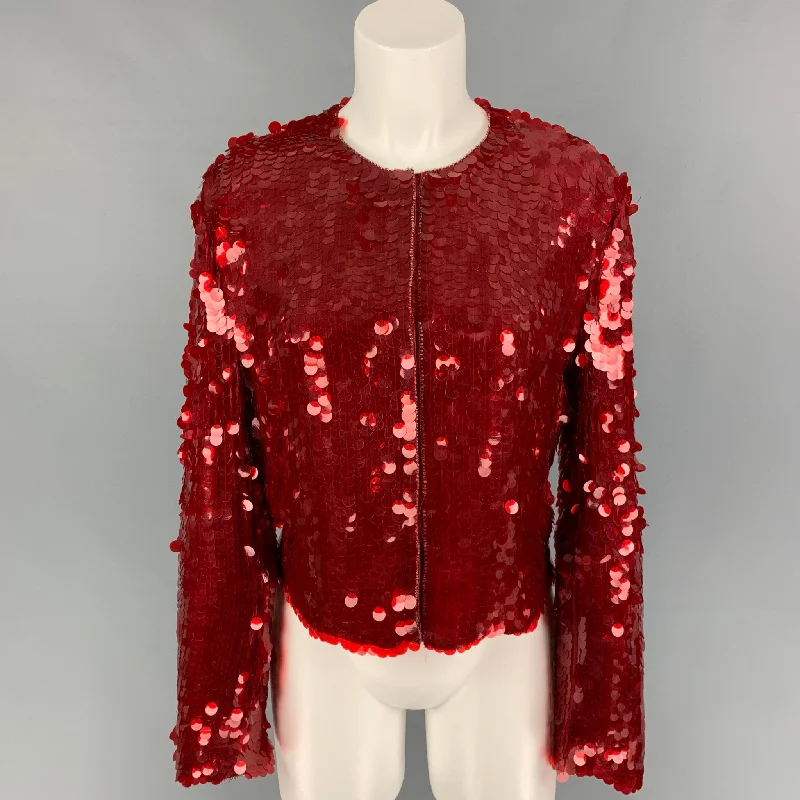ARMANI COLLEZIONI Size 8 Red Silk Payettes Snaps Jacket Cotton Jacket Linen Jacket Terry Jacket ARMANI COLLEZIONI Size 8 Red Silk Payettes Snaps Jacket Cotton Jacket Linen Jacket Terry Jacket