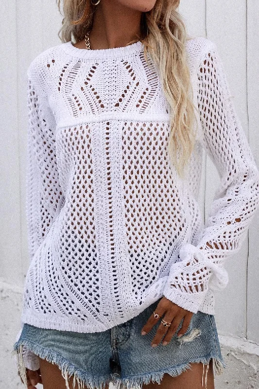 ROUND NECK HOLLOW KNIT SWEATER Solid Color Striped Floral Print