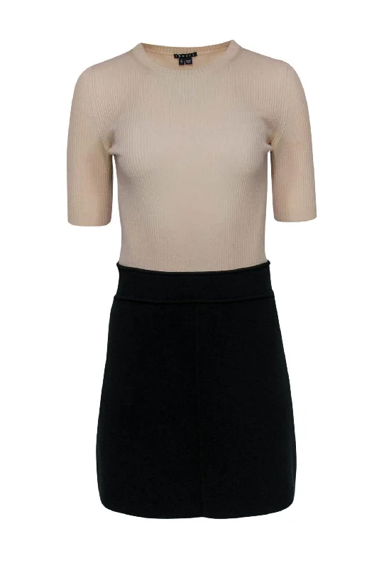 Theory - Cream Ribbed Sweater Dress w/ Black Skirt Sz S High Neck Crew Neck V-Neck