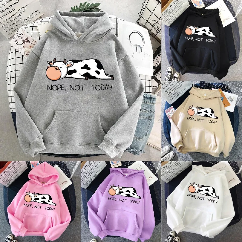 Hooded Sweater Cute Cow Cartoon Print Casual Sports Hoodie Transparent Opaque Sheer