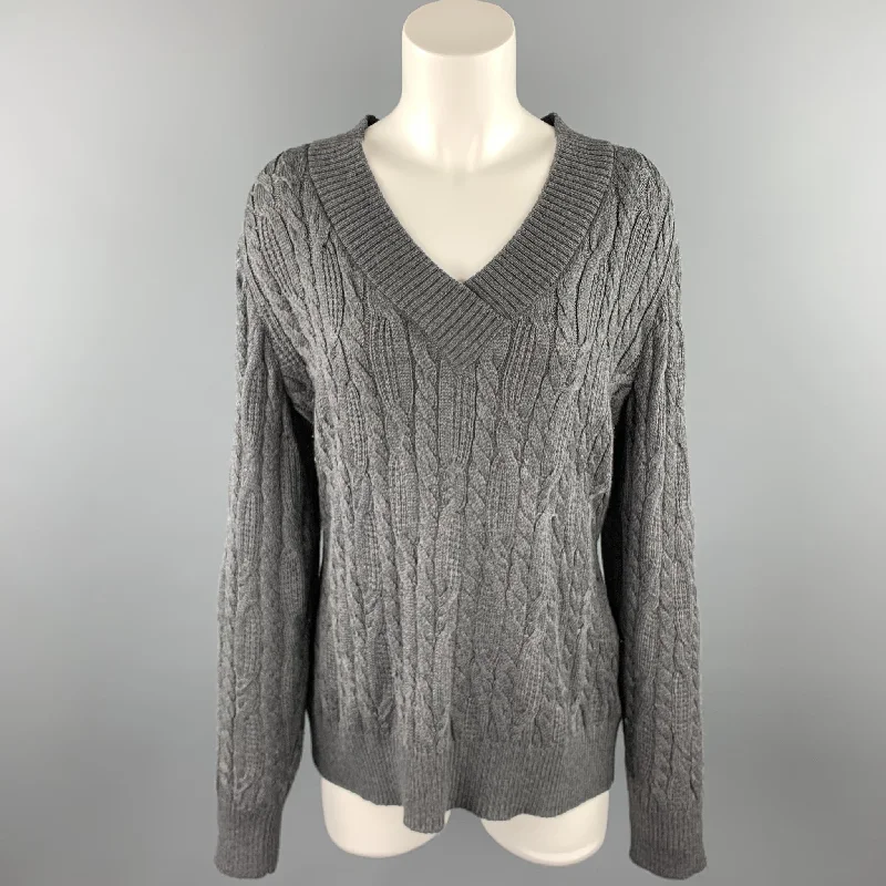 ST. JOHN SPORT Size L Grey Cable Knit Wool Blend V-Neck Sweater Handmade Hand-knitted Hand-woven ST. JOHN SPORT Size L Grey Cable Knit Wool Blend V-Neck Sweater Handmade Hand-knitted Hand-woven