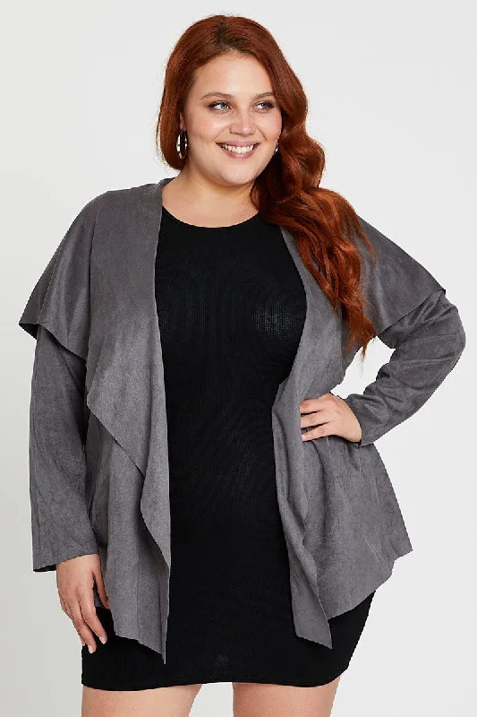 Grey Collar Jacket Long Sleeve Faux Leather Waterfall Bomber Jacket Anorak Windbreaker Grey Collar Jacket Long Sleeve Faux Leather Waterfall Bomber Jacket Anorak Windbreaker