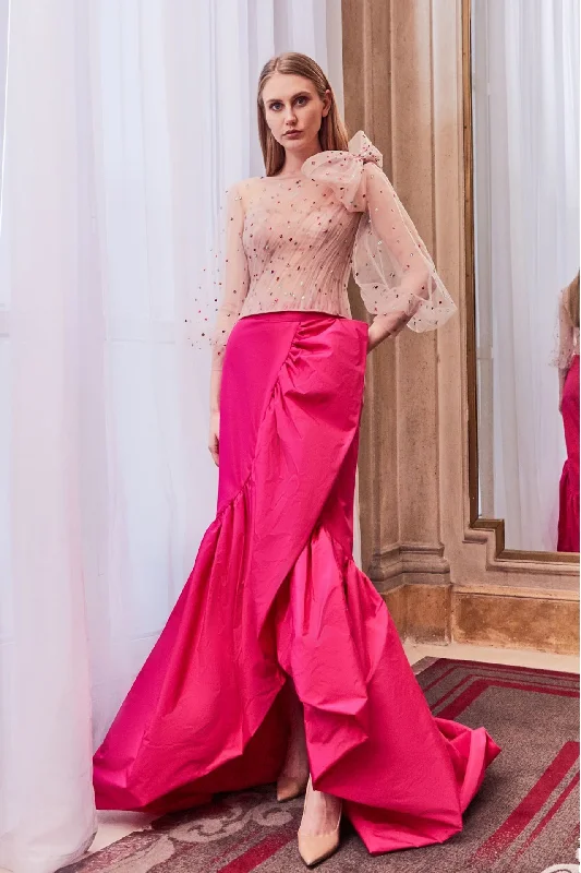 Bow shouldered pleated tulle top with ruffled skirt spandex blend skirt