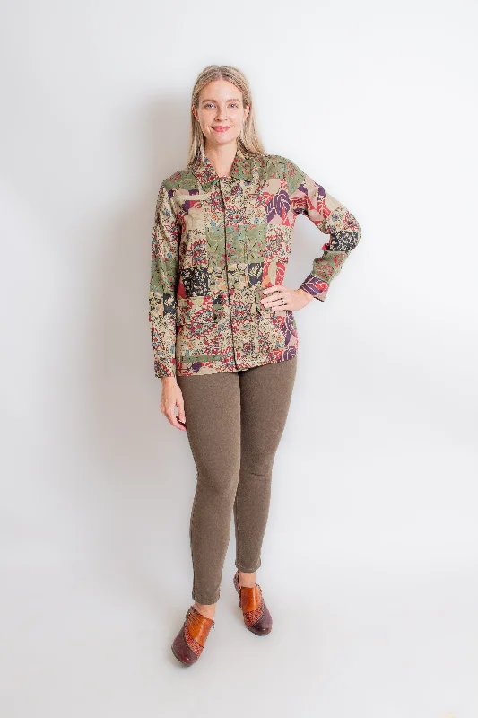 Olive Printed Jacket Zip Front Button Front Snap Front