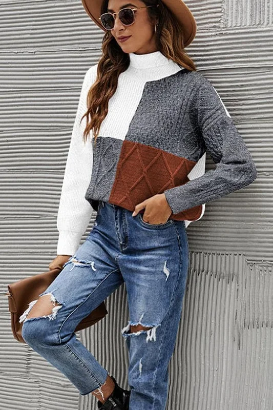 WOMEN TURTLE NECK COLOR BLOCK KNIT SWEATER Iron Safe Non-Iron Wrinkle Free