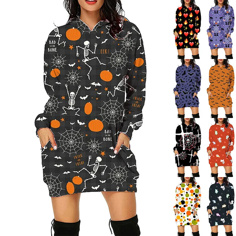 Halloween Print Long Hoodie With Pockets Sweater Long Sleeve Clothes Women Sweater Knitwear Pullover