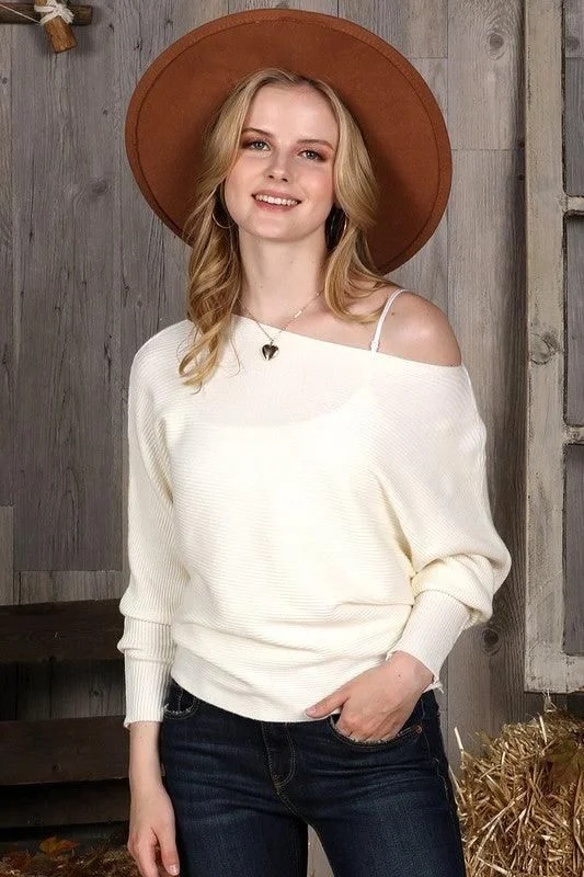 SOFT ONE SIDE OFF SHOULDER SWEATER RIB TOP Anti-Pilling Anti-Shrink Durable