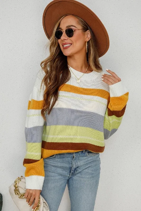 WOMENS COLOR STRIPE SWEATER TOP Nylon Fabric Polyester Fabric Spandex Fabric