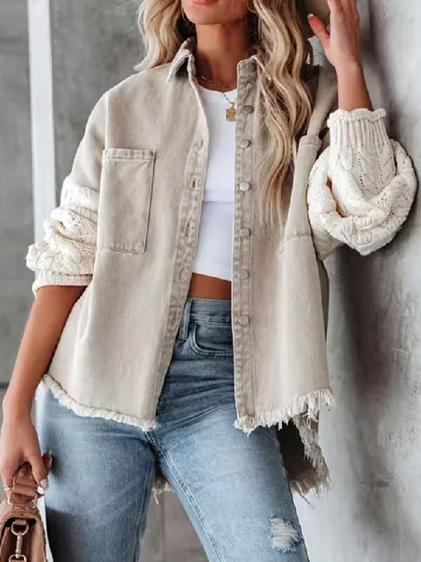 Cable Knit Sleeve Denim Jacket Button Up long sleeve Jean Jacket Oversized Jacket Tailored Jacket Straight Jacket Cable Knit Sleeve Denim Jacket Button Up long sleeve Jean Jacket Oversized Jacket Tailored Jacket Straight Jacket