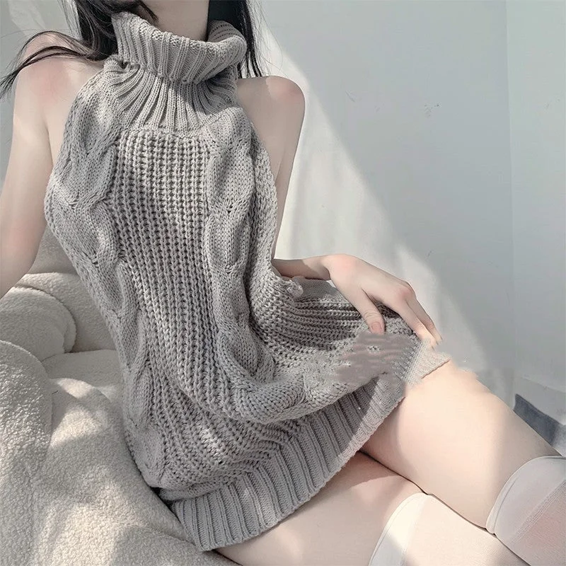 turtleneck backless sweater  KF70419 Satin Blend Silk Blend Wool Blend