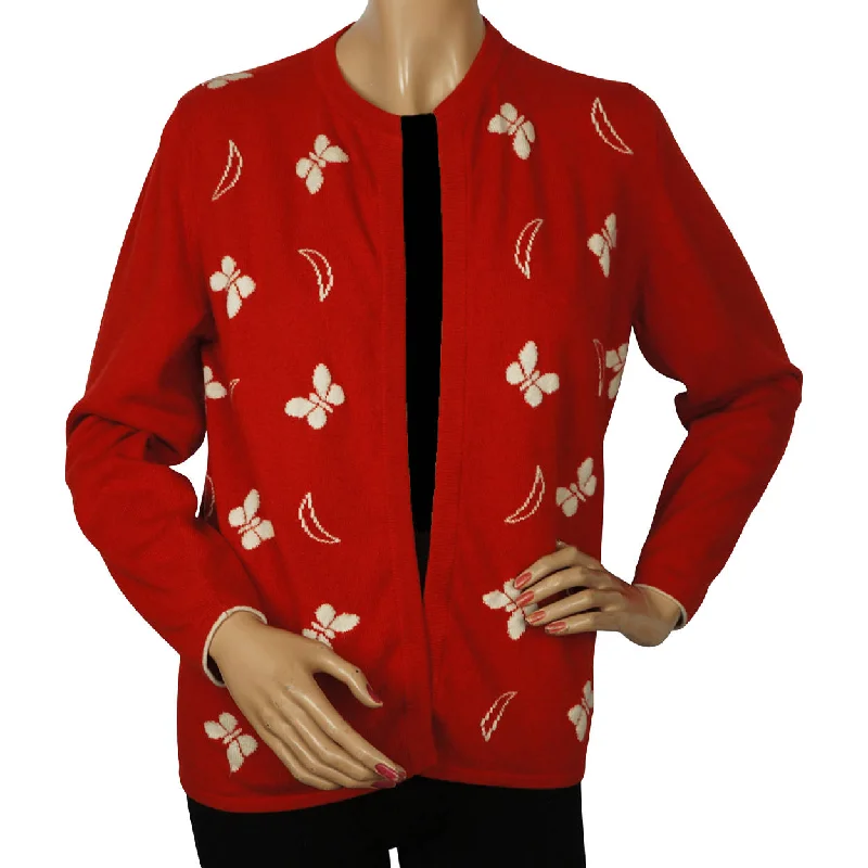 Vintage 1960s Red Scottish Cashmere Sweater with Butterfly Pattern Ladies M Chenille Brocade Lace