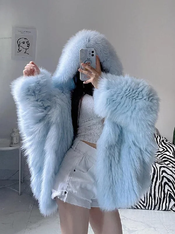 Faux Fur Hooded Jacket Zippered Jacket Buttoned Jacket Snapped Jacket
