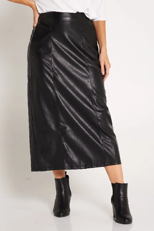 Marlene Vegan Leather Skirt - Black ruffled skirt detail