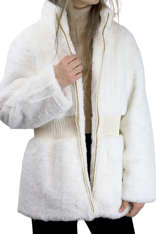 Plush Faux Fur Cinched Waist Jacket - Ivory Mesh Jacket Canvas Jacket Denim Jacket