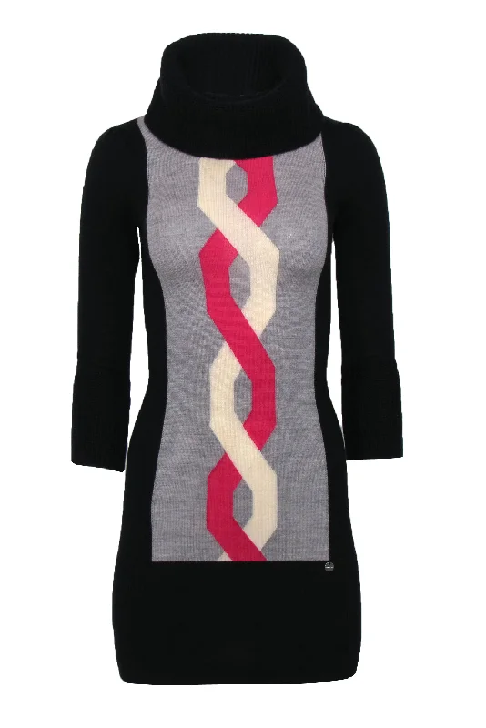 Karen Millen - Black, Grey, Pink & White Merino Wool Turtleneck Sweater Dress Sz XS Seamless Knitted Crochet Karen Millen - Black, Grey, Pink & White Merino Wool Turtleneck Sweater Dress Sz XS Seamless Knitted Crochet