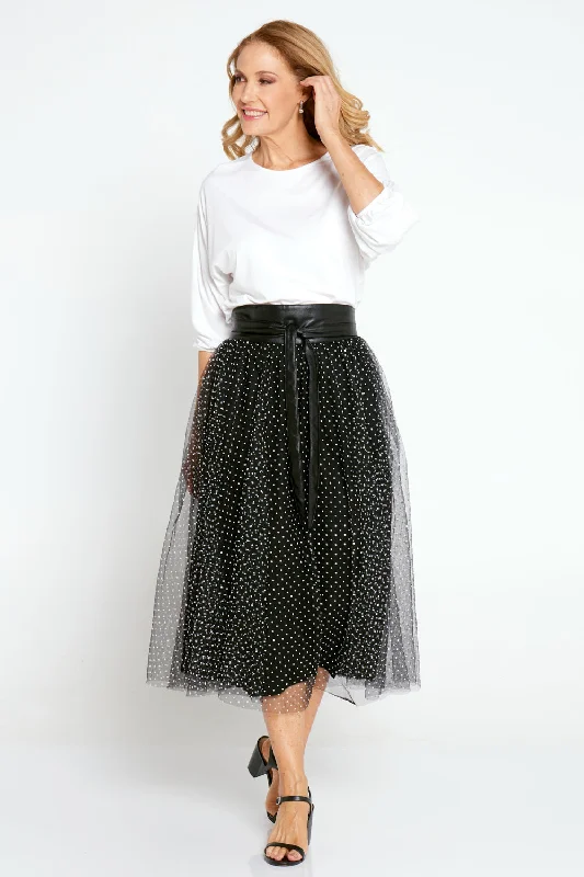 Carrie Tulle Skirt - Black/Micro Spot button skirt front