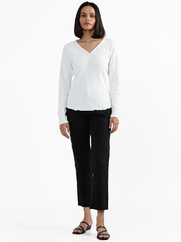 LOV Weaved V Neck White Sweater Cashmere Blend Cotton Blend Poly Blend