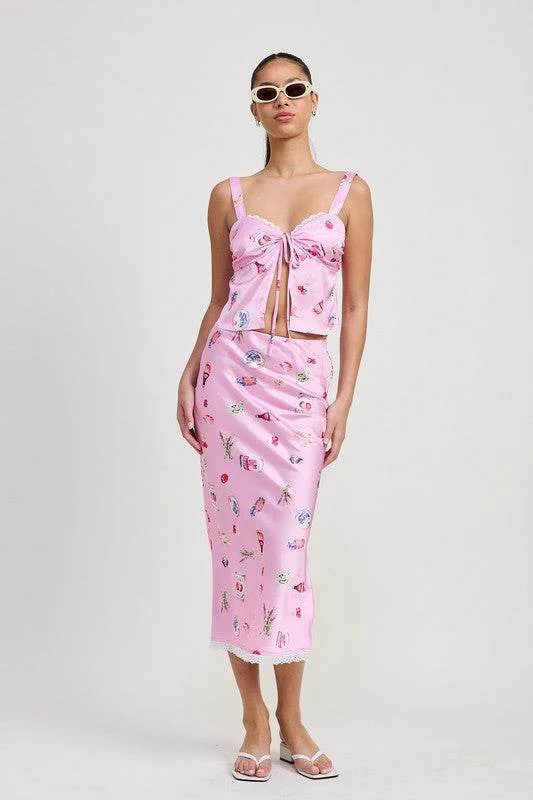 Printed Satin Midi Skirt ribbed skirt waist