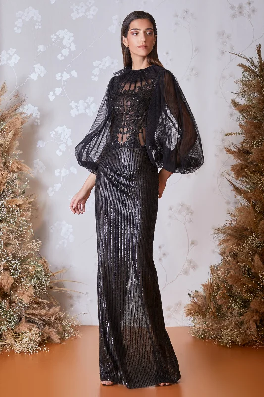 Puff sleeves embroidered top with back slit beaded skirt flowy skirt hem
