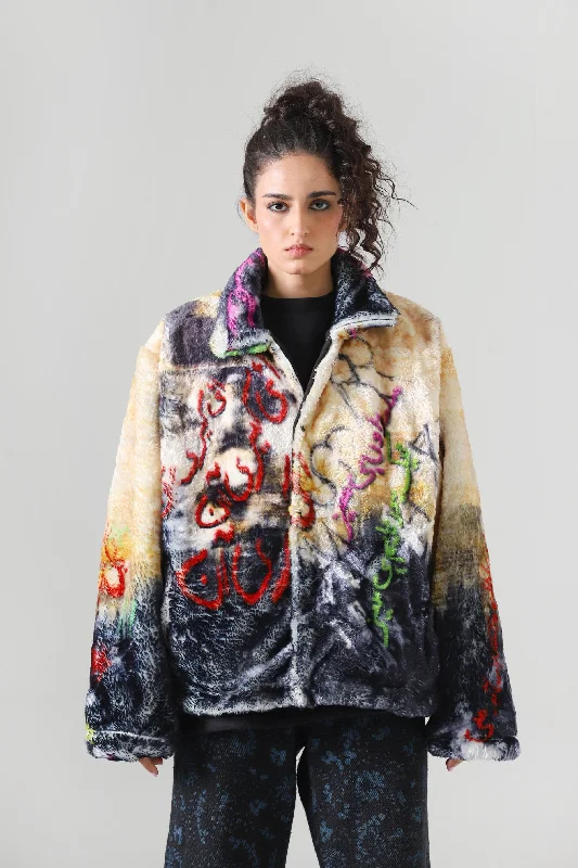 "FAMILY FIRST" PRINTED FAUX FUR JACKET Faux Fur Jacket Real Fur Jacket Shearling Jacket "FAMILY FIRST" PRINTED FAUX FUR JACKET Faux Fur Jacket Real Fur Jacket Shearling Jacket