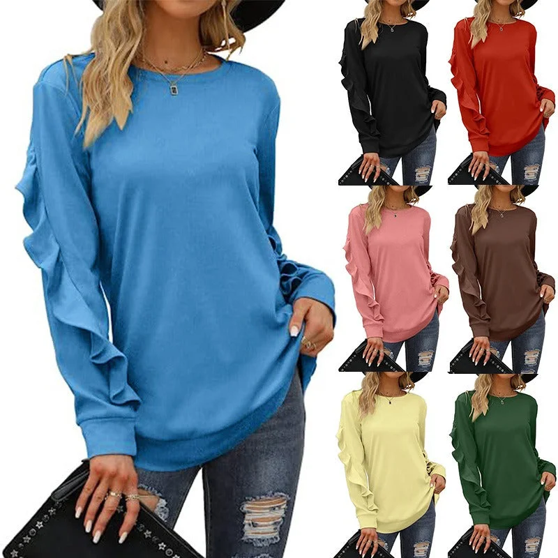 Autumn And Winter New Style Women's Casual Round Neck Sweater Pleated Long Sleeve Blouse Spandex Blend Rayon Blend Denim Blend Autumn And Winter New Style Women's Casual Round Neck Sweater Pleated Long Sleeve Blouse Spandex Blend Rayon Blend Denim Blend