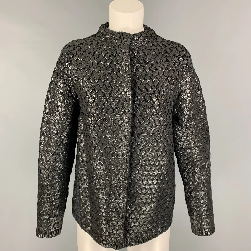 MARC JACOBS Size 10 Silver Black Wool Polyester Floral Jacket Tiered Jacket Buttoned Jacket Zippered Jacket MARC JACOBS Size 10 Silver Black Wool Polyester Floral Jacket Tiered Jacket Buttoned Jacket Zippered Jacket