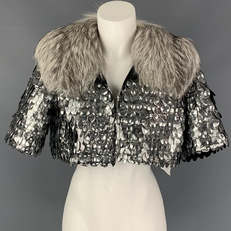 MARC JACOBS Size 6 Silver & Black Wool Blend Fox Fur Collar Cropped Jacket Knit Jacket Woven Jacket Fleece Jacket MARC JACOBS Size 6 Silver & Black Wool Blend Fox Fur Collar Cropped Jacket Knit Jacket Woven Jacket Fleece Jacket